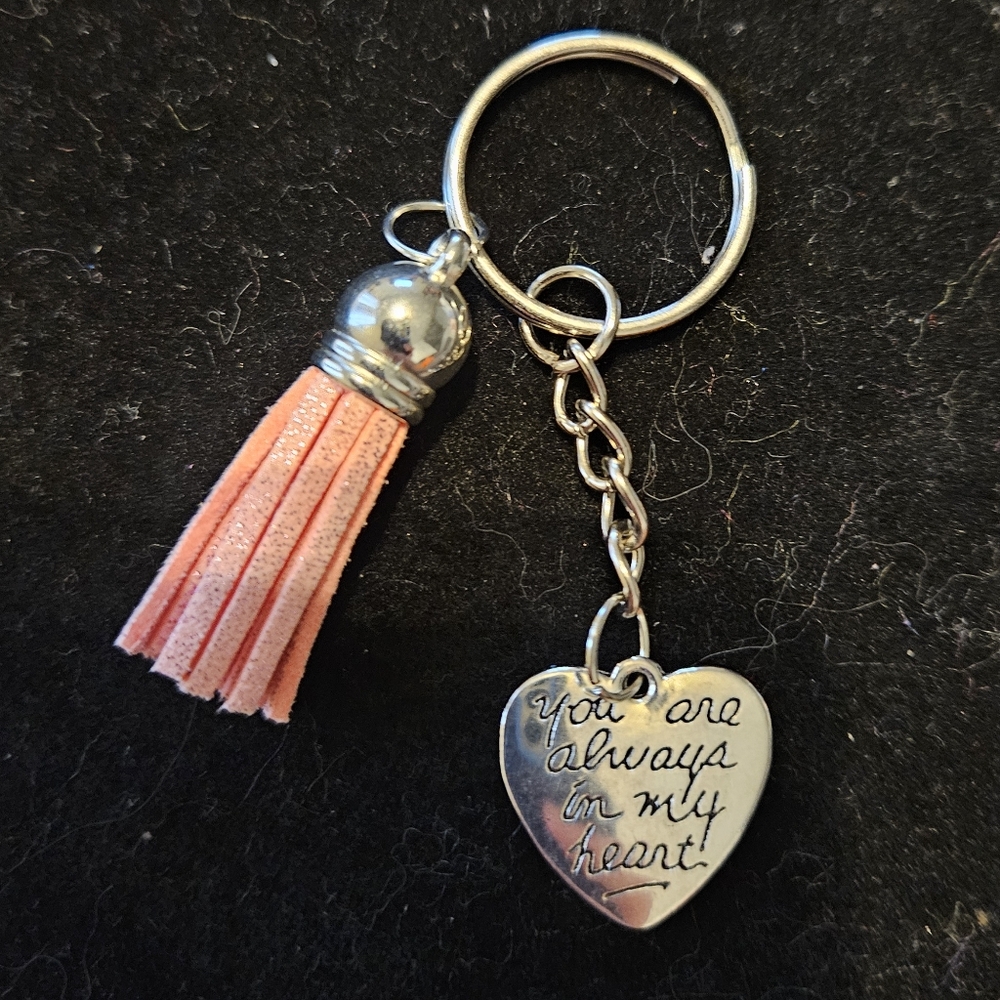 Keychain Heart Engraved Hand Assembled Silver Toned